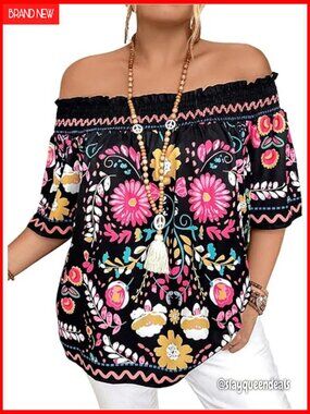Plus Size Off Shoulder Floral Blouse Boho Half Sleeve Vacation Top